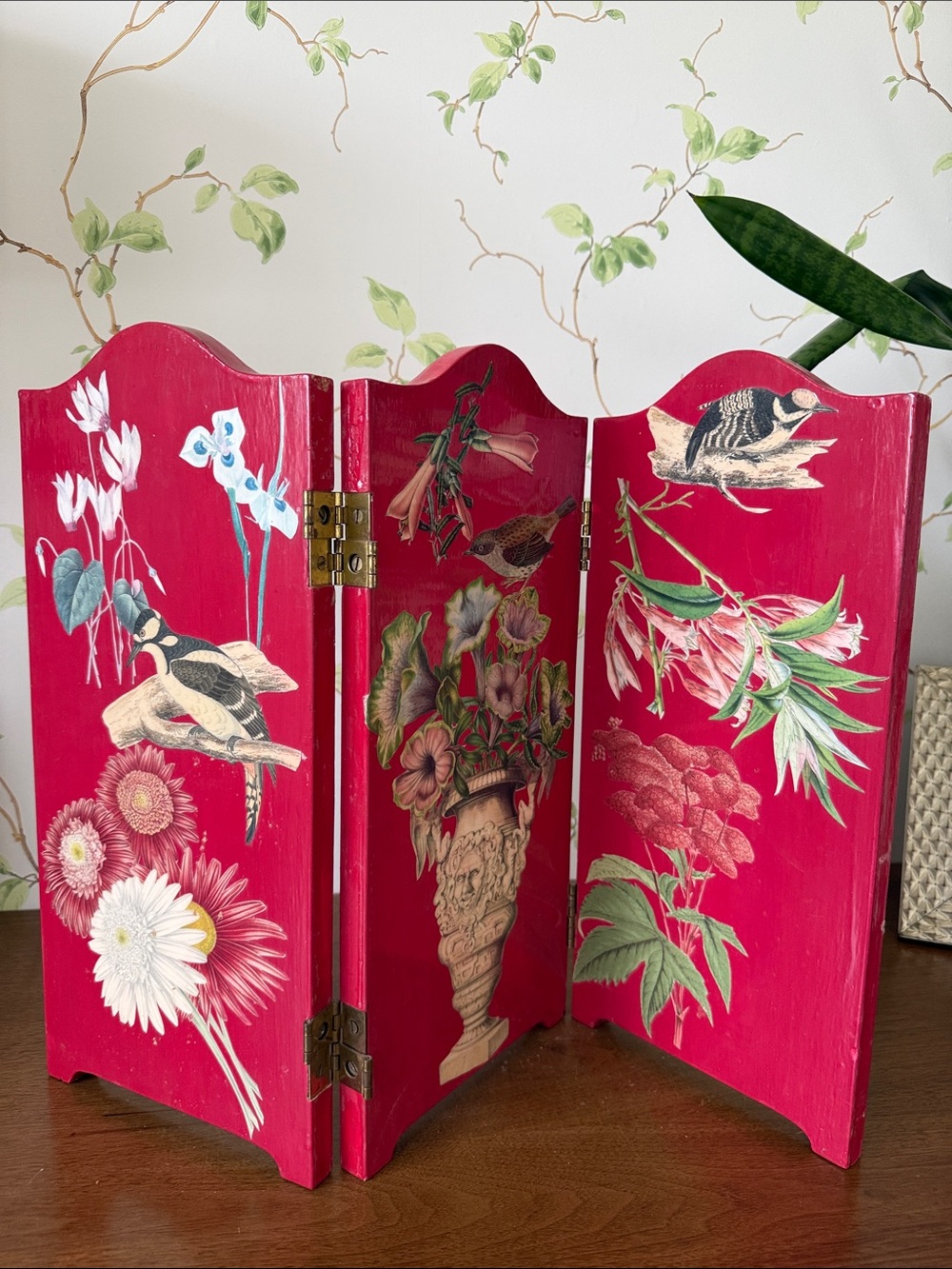 Asian Inspired Floral & Bird 3-Panel Wooden Folding Screen - Tabletop